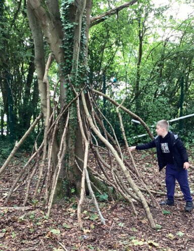 A male student is pictured building a shelter beside a tree trunk in the forest using large tree branches.