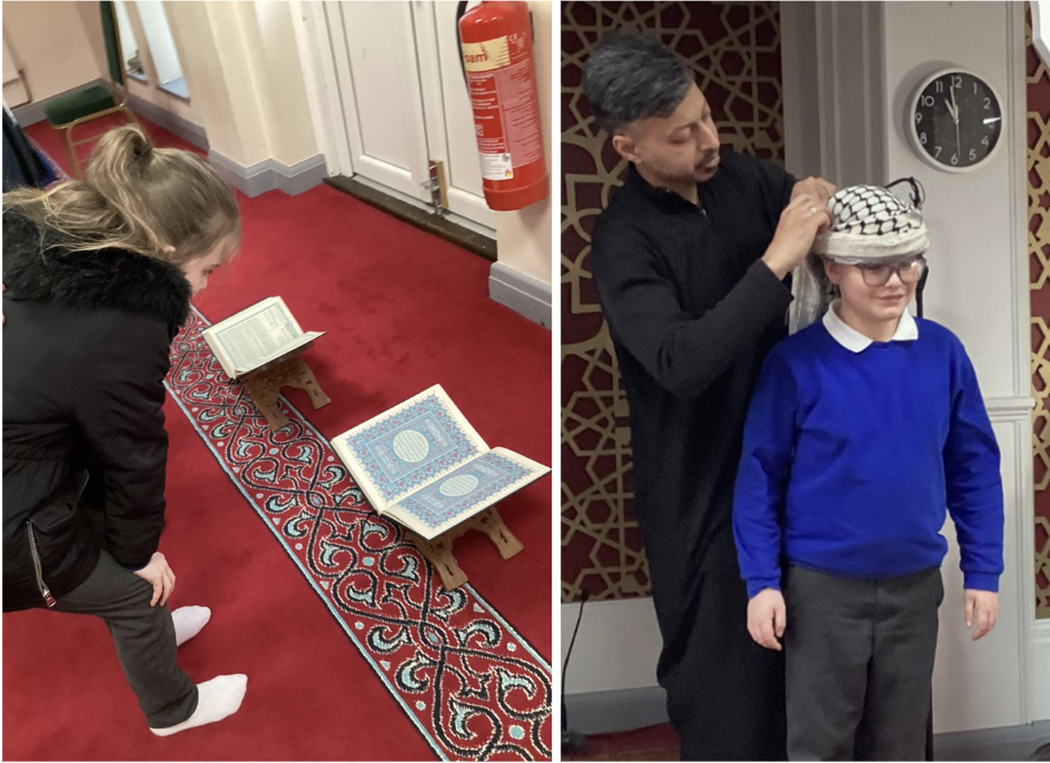 Poppie looking at the Qur’an (left) and Louis trying on the keffiyeh (right).